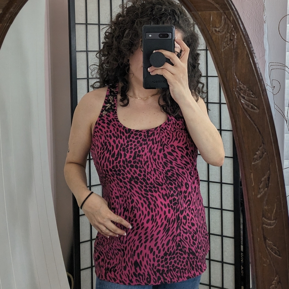 Guess Pink and Black Animal Print Tank Top with Black Lace